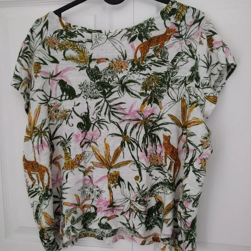 Rachel Zoe XL 100% Linen Tropical Jungle Print Blouse NWOT Safari Top - Picture 4 of 4